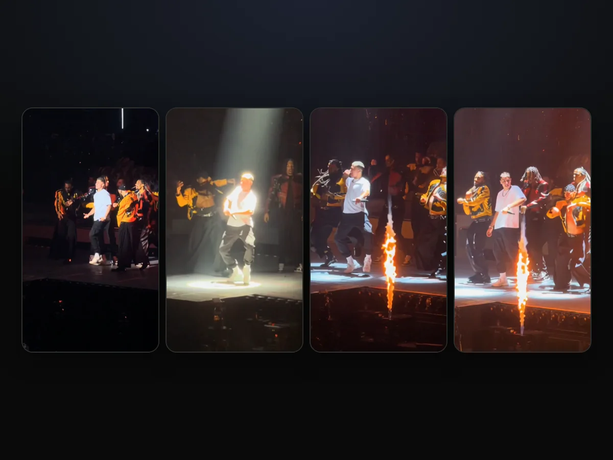 Four frames from a Talk Dirty Dance AI video: the walk-in, the crouch under the spotlight, the dance break and the closing squats beside a flame column