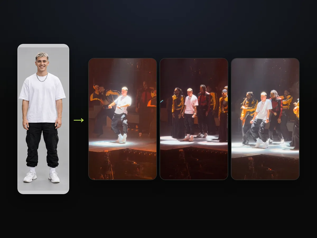 Photo of a young man in a white T-shirt and black cargo trousers, beside three frames of him leading the dance in a Talk Dirty Dance AI video