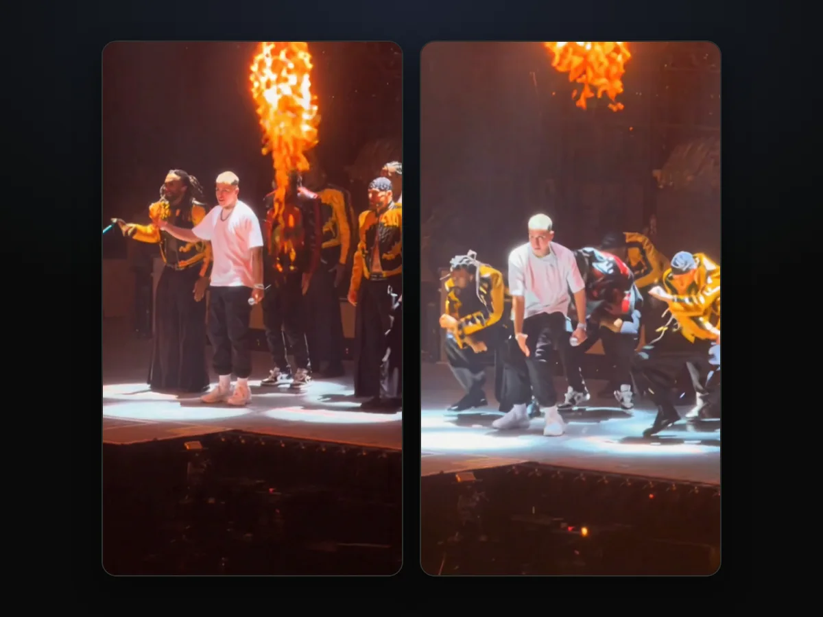 Two frames from a Talk Dirty Dance AI video, with the dancers in varsity jackets and the flame columns around the lead