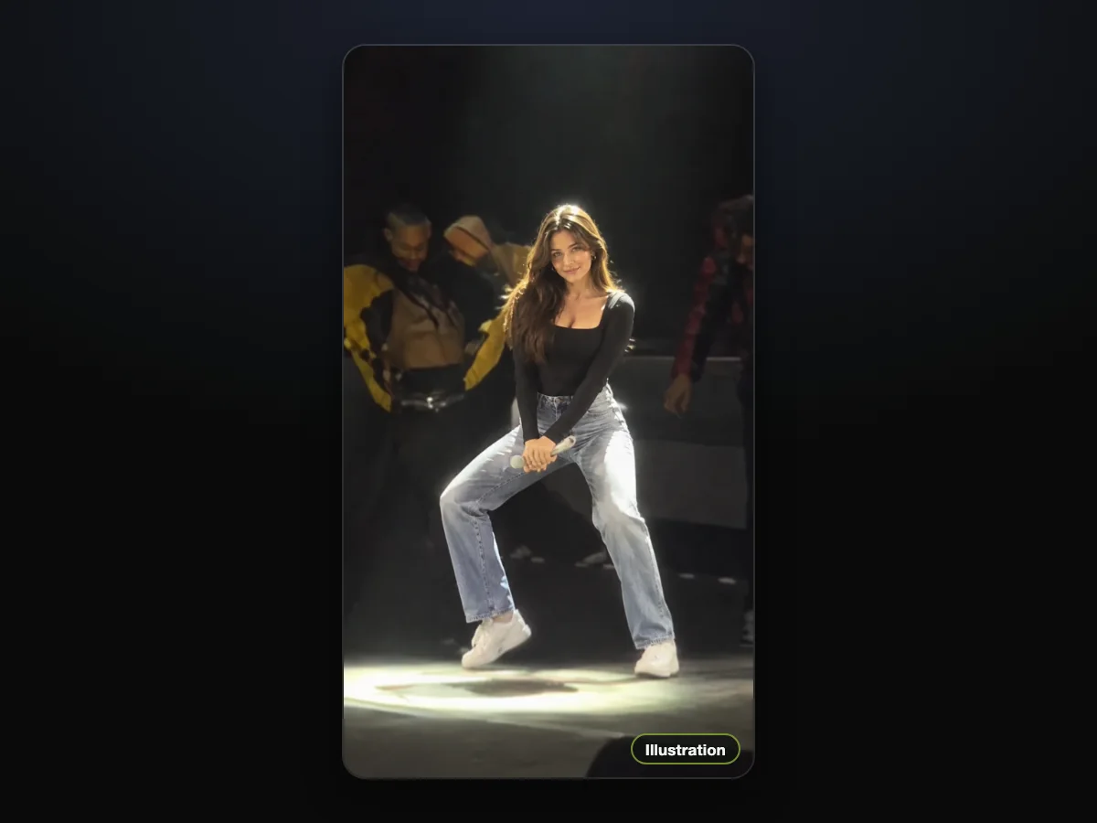 Illustration of a young woman with long dark hair in a black square-neck top and light jeans, crouching wide-legged under the stage spotlight with a microphone, shown as a vertical post