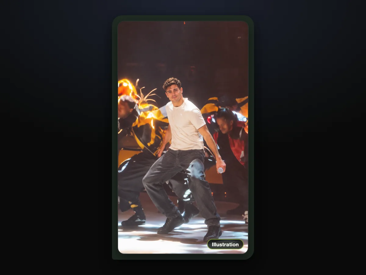 Illustration of a smiling young man with dark tousled hair in a cream T-shirt dancing on stage with a microphone among crouching dancers, sent in a chat