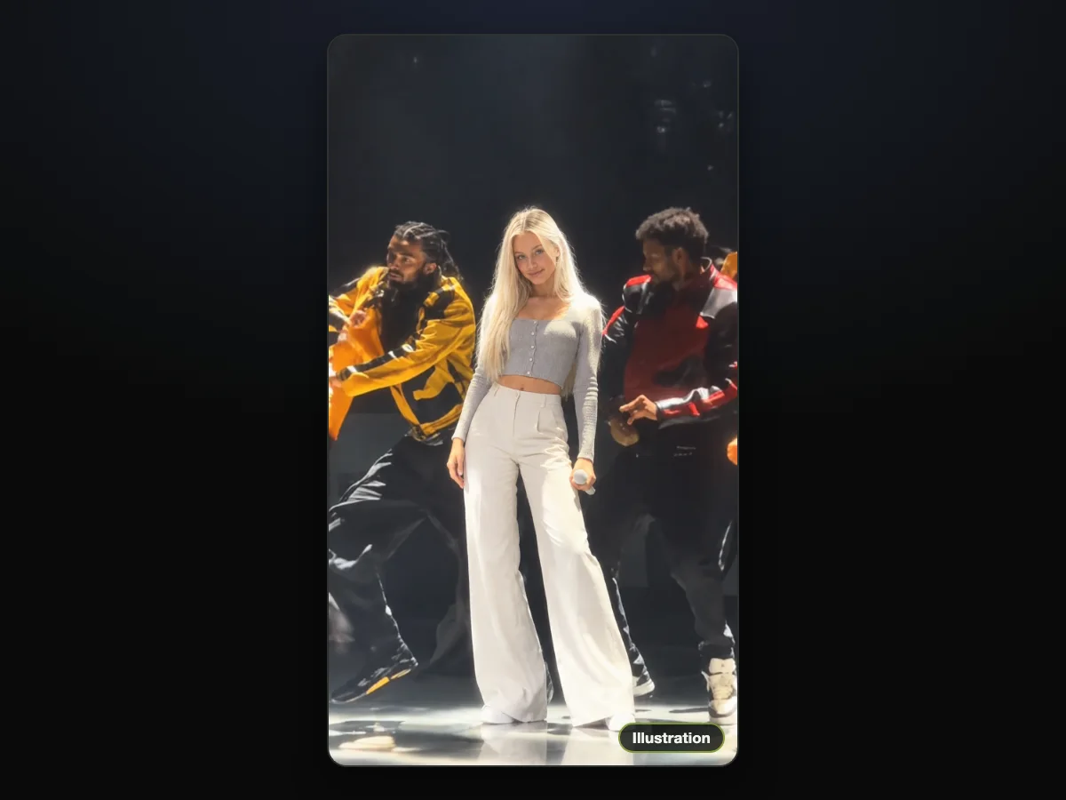 Illustration of a young woman with long platinum-blonde hair in a grey crop top and white wide-leg trousers, standing centre stage with a microphone between two dancers