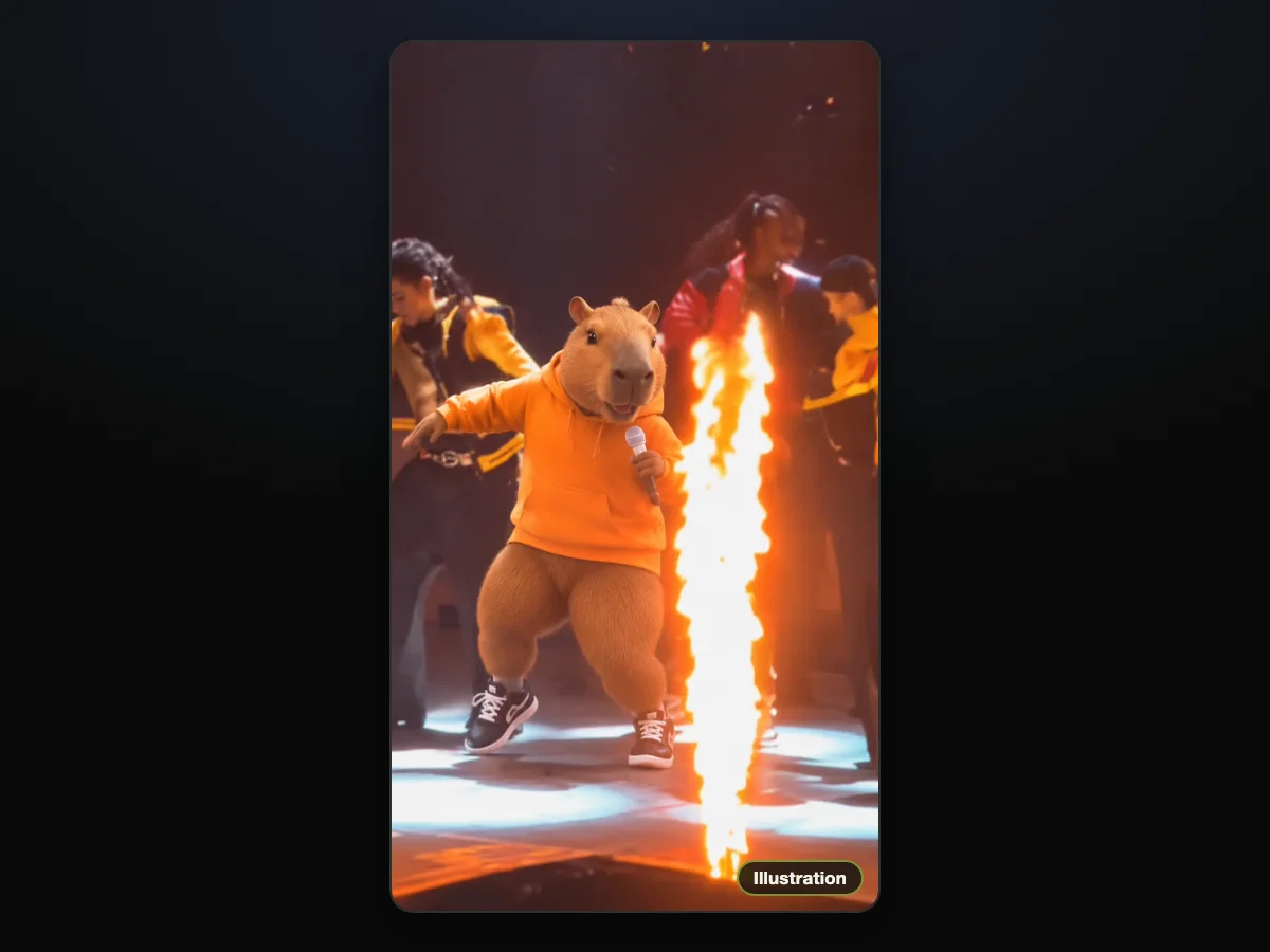Illustration of a cartoon capybara in an orange hoodie dancing on a concert stage beside a flame column, holding a microphone
